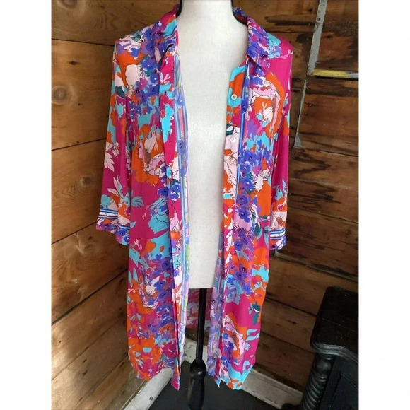 Soft Surroundings Shirt Dress Womens PM Colorful Floral Button Up Tunic Beach - Picture 1 of 9